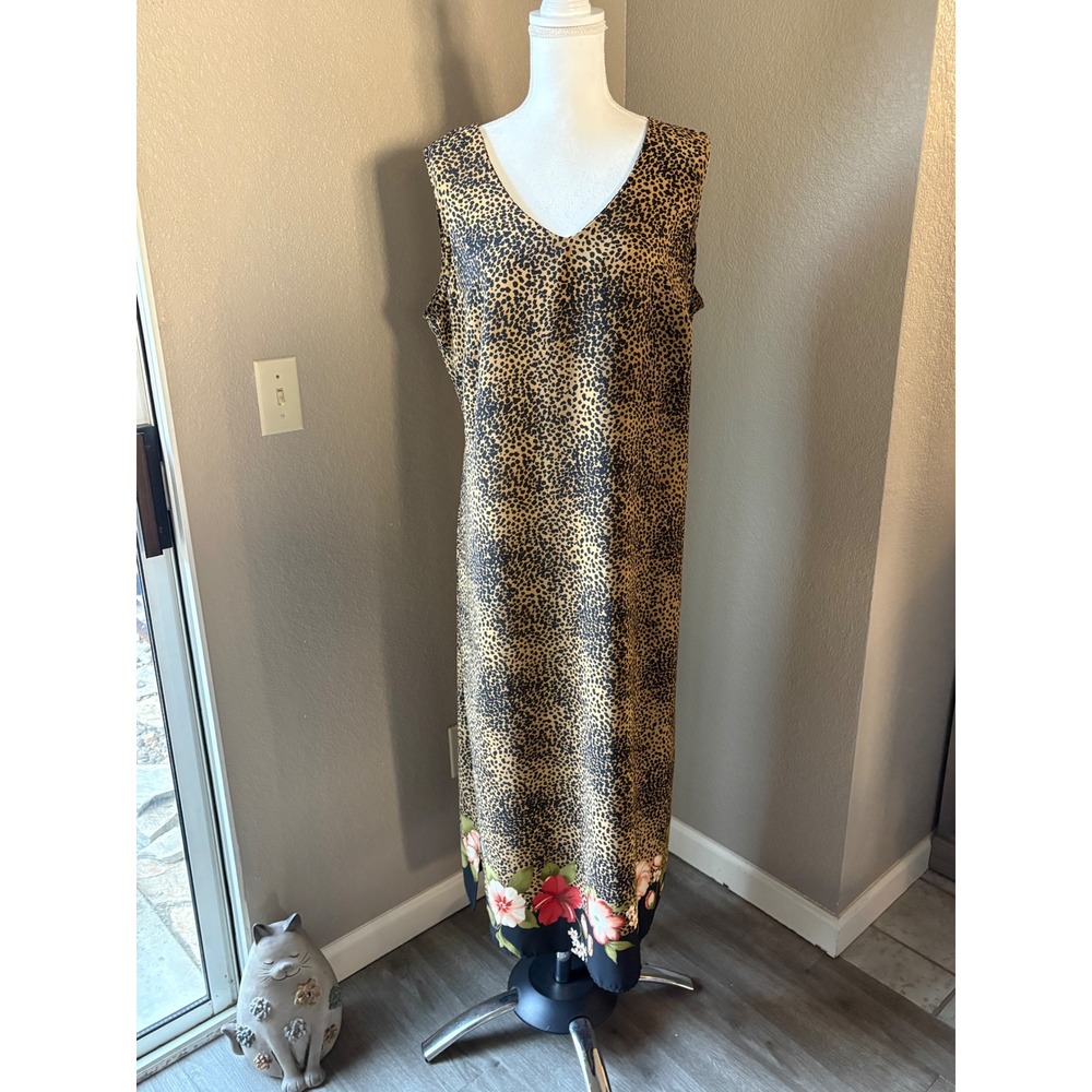 Dress Barn Woman Vintage Leopard Print Floral Hem Maxi Dress Size 18 Brown Black